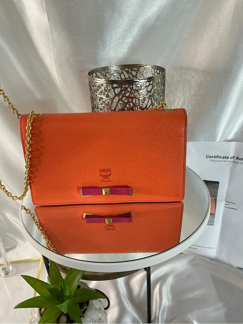 Preloved Pristine MCM Orange Leather Chain Shoulder Bag with Pink Bow Accents